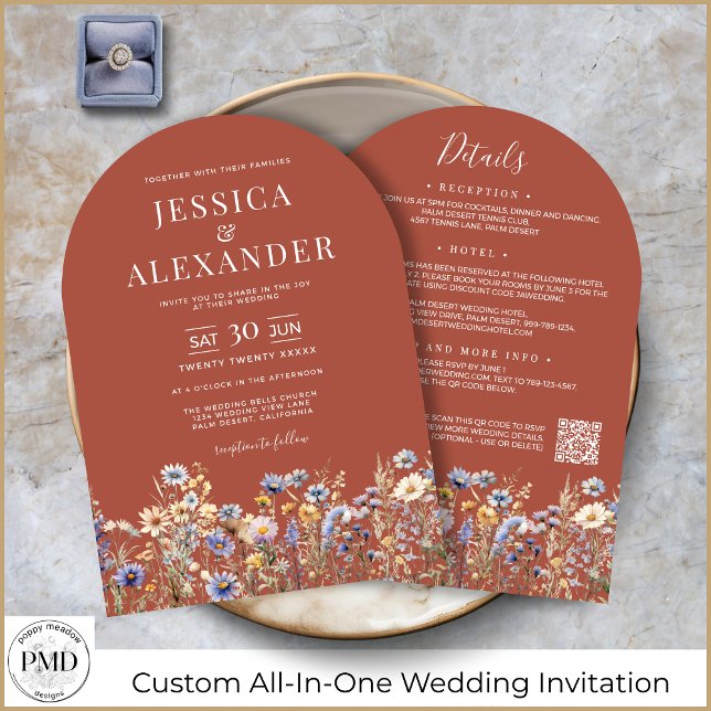 Terracotta Wildblommor alla i ett QR-nummer Bröllo Inbjudningar (Terracotta Wildflowers All-In-One QR Code Arch Wedding Invitation with Details on the Back.)