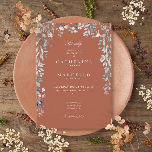 Terracotta Wildblommor Watercolor Blommigt Bröllop Inbjudningar (Terracotta Wildflowers Watercolor Floral Wedding Invitation)