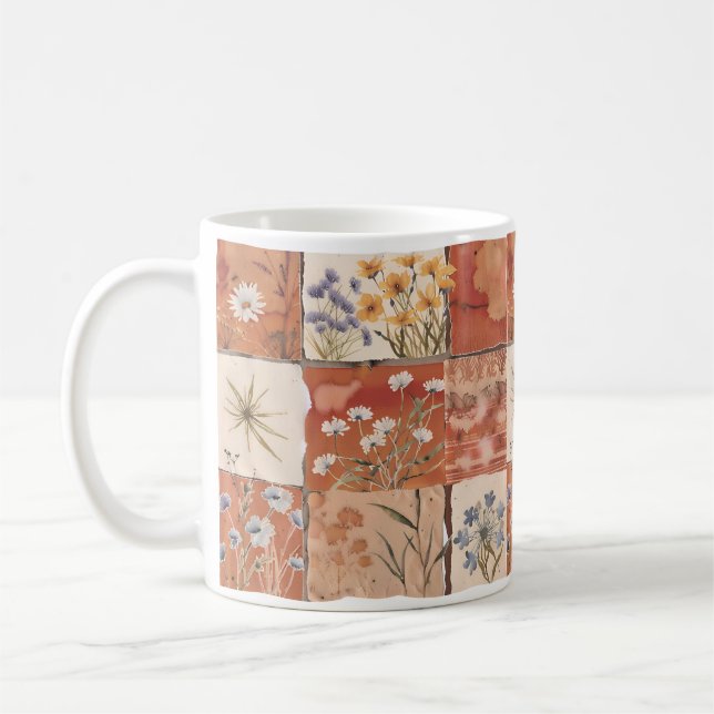 Terracotta WildblommPatchwork Rustic Boho Vår Kaffemugg (Vänster)