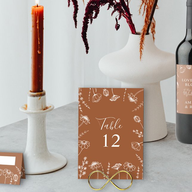 Terracotta Wildblomsketch-ramredigerbar Bordsnummer (Wedding Table Number in Terracotta Burnt Orange, from my Wildflower Sketch collection)