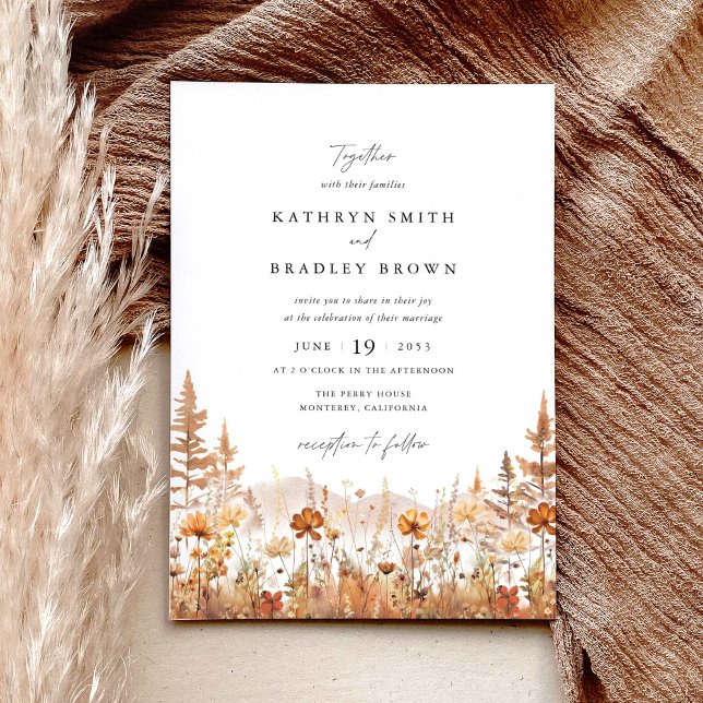 Terracotta Wildflower Mountain Wedding Inbjudningar (Terracotta wildflower mountain wedding invitation with elegant typography and autumn floral design)