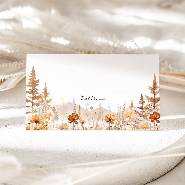 Terracotta Wildflower Mountain Wedding Place Card Placeringskort (Terracotta wildflower wedding place card with mountain, table name tent card for boho reception)
