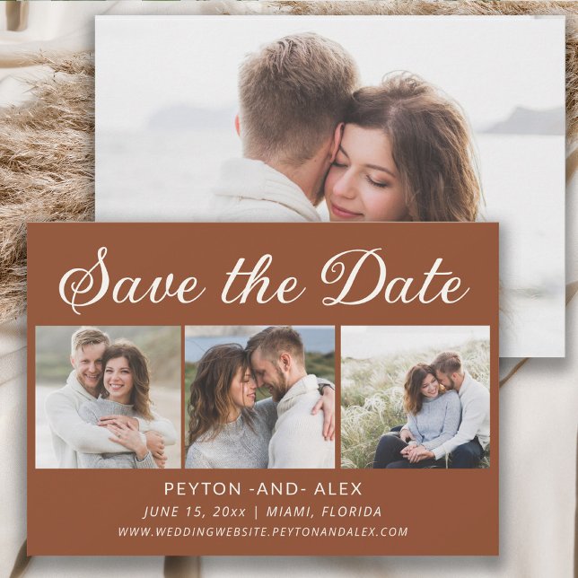 Terrakotta 4-foto 2-sidig bröllopsdatum  spara datumet (Terracotta 4-photo wedding Save the Date card)