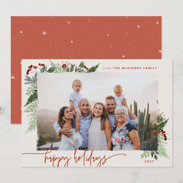 Terrakotta Beige Modern Script Boho Grönska Foto Julkort (Fram/baksida)