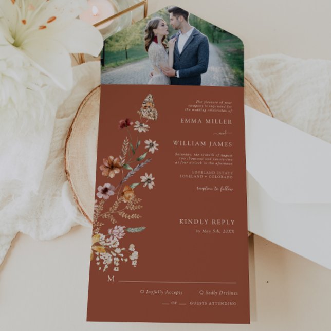 Terrakotta Blommig Allt i Ett Bröllopsinbjudan (Boho Terracotta Floral All in One Wedding Invite Photo Butterfly by Painted Paperie
)