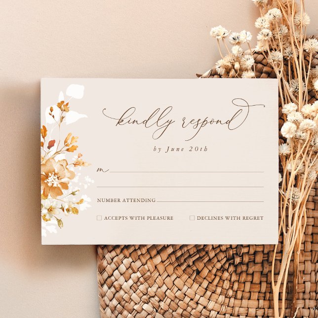 Terrakotta Blommig Elegant Akvarell Bröllop OSA Kort (Terracotta floral wedding RSVP card with elegant typography, neutral watercolor bridal stationery)