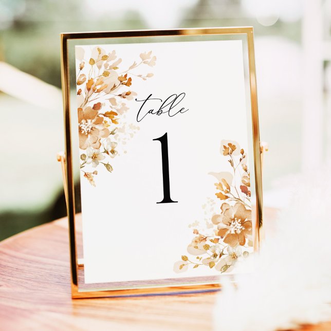 Terrakotta Blommig Elegant Bröllopsbord Nummer (Terracotta floral table number wedding sign, burnt orange watercolor, elegant ceremony gold frame)