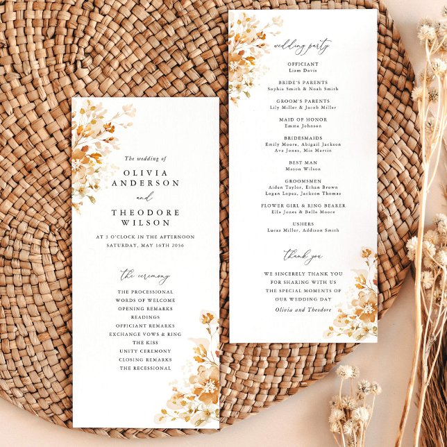 Terrakotta Blommig Elegant Bröllopsceremoni Program (Terracotta floral wedding program card, elegant ceremony order, burnt orange watercolor stationery)
