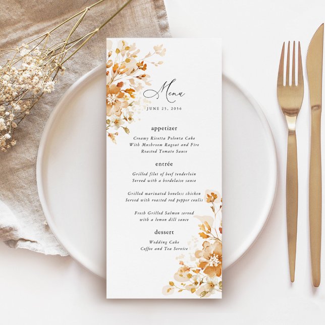 Terrakotta Blommig Elegant Bröllopsmottagning Midd Meny (Terracotta floral wedding menu with elegant script, burnt orange watercolor, reception table setting)