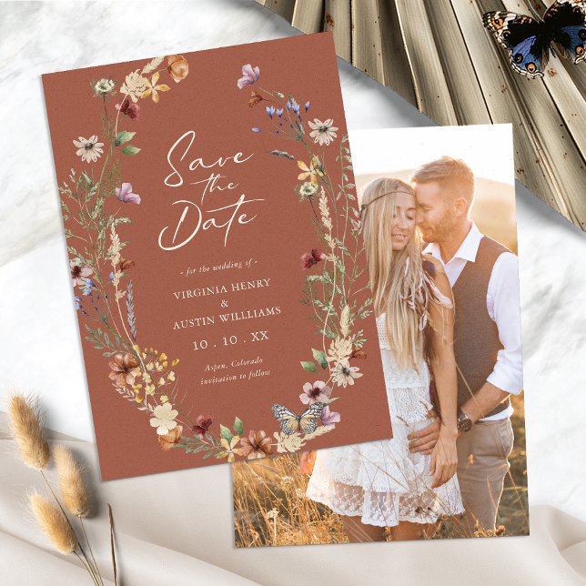 Terrakotta Blommig Foto Spara Datum Platt Kort (Boho Terracotta Floral Photo Save The Date Flat Card by Painted Paperie
)