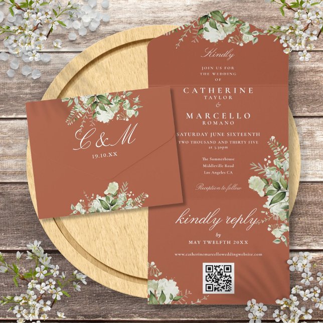 Terrakotta Blommig Grönska QR-kod Bröllop (Terracotta Floral Greenery QR Code Wedding All In One Invitation)