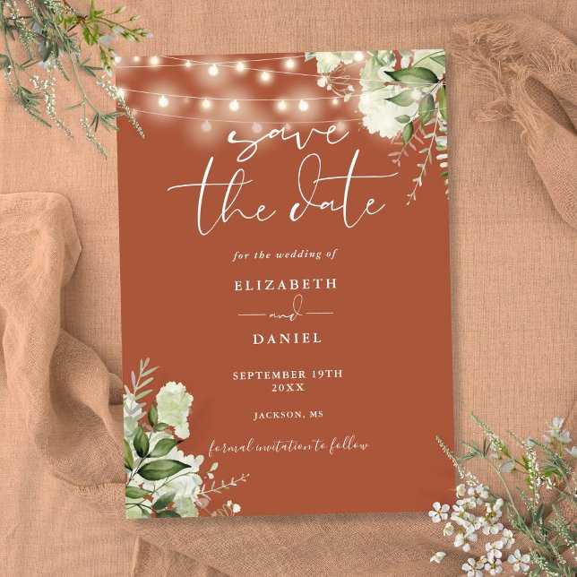 Terrakotta Blommig Grönska Strängljus Bröllop Spara Datumet (Terracotta Floral Greenery String Lights Wedding Save The Date)