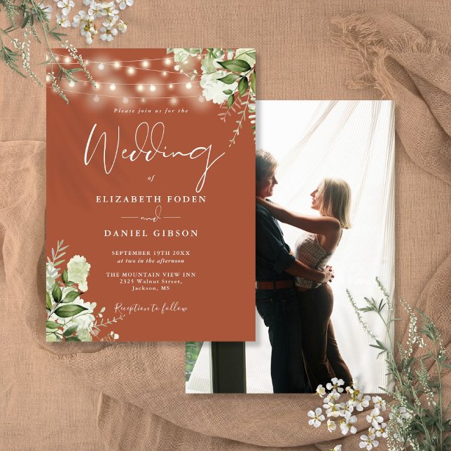 Terrakotta Blommig Ljuskedja Foto Bröllop Inbjudningar (Terracotta Floral String Lights Photo Wedding Invitation)