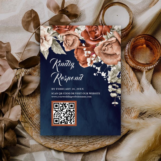 Terrakotta Blommig Marinblå QR-kod RSVP Bröllop Tilläggskort (Skapare uppladdad)