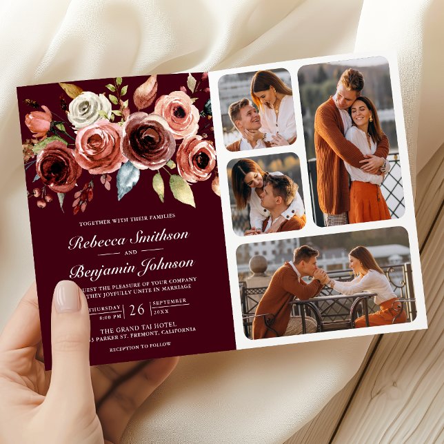 Terrakotta Blommig QR-kod Burgundy Bröllop Inbjudan (Skapare uppladdad)