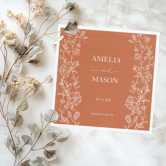 Terrakotta Blommig Rustik Pappers Bröllop Pappersservett (Terracotta Floral Rustic Paper Wedding Napkins)