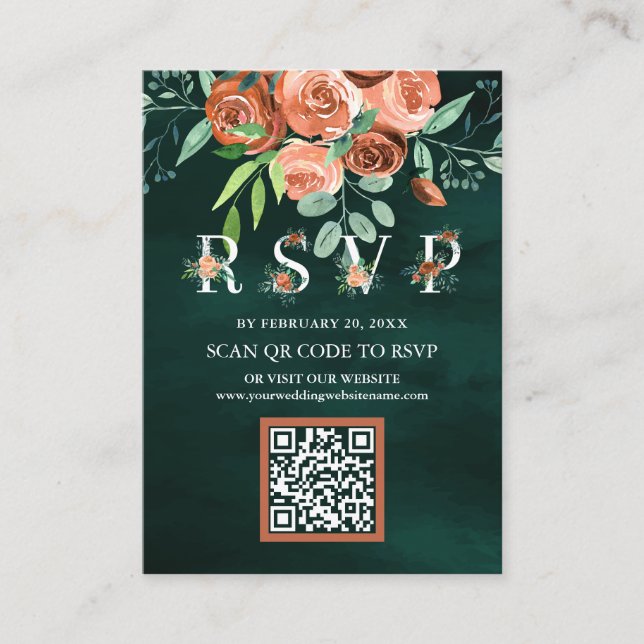 Terrakotta Blommig Smaragd QR-kod RSVP Bröllop Tilläggskort (Framsida)