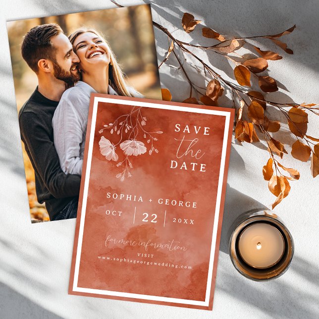 Terrakotta Blommig Spara Datum med Foto på Baksida Datumet (Save The Date)