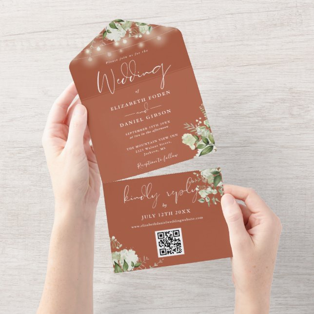 Terrakotta Blommig Strängbelysning QR-kod Bröllop (Avrivbar del)