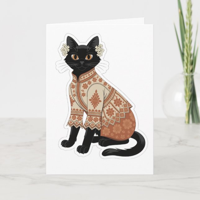 Terrakotta Blommig Svart Katt Välkomstkort Kort (Framsida)