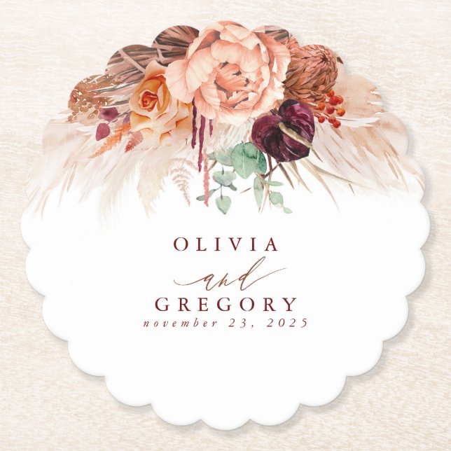 Terrakotta Blommor Pampas Gräs Elegant Tropisk Underlägg Papper (Framsida)