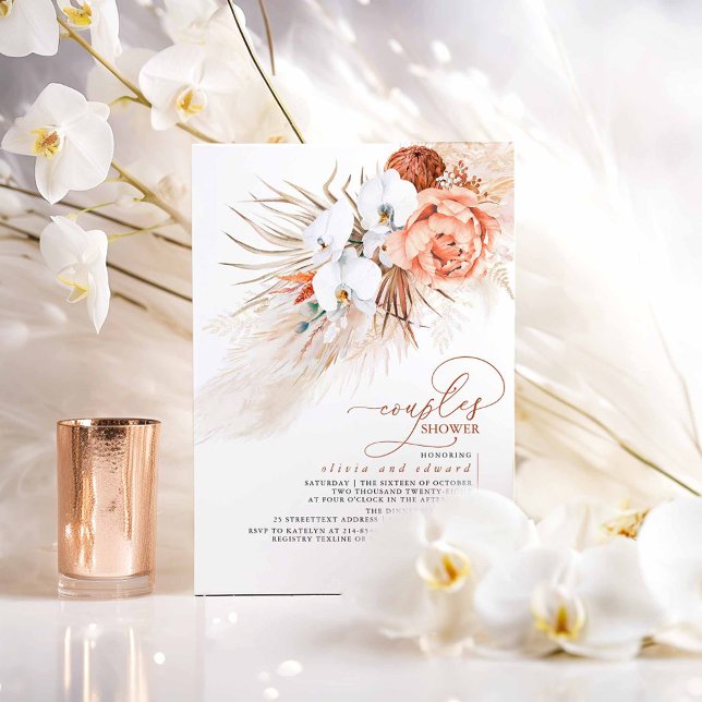 Terrakotta Blommor Pampas Gräs Par Baby Shower Inbjudningar (Boho Exotic Couples Shower Terracotta Invites)