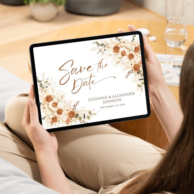 Terrakotta Blommor Pampas QR-kod Bröllop Spara Datumet (Skapare uppladdad)