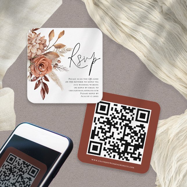 Terrakotta Blommor Skrift QR-kod Bröllop RSVP  Tilläggskort (Front and back view)
