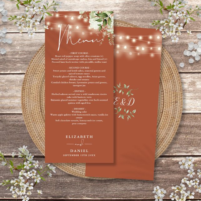 Terrakotta blommor strängljus bröllop middag meny (Terracotta Floral String Lights Wedding Dinner Menu)