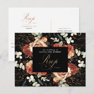 Terrakotta Blommor Svart Bröllop RSVP Postkort Vykort
