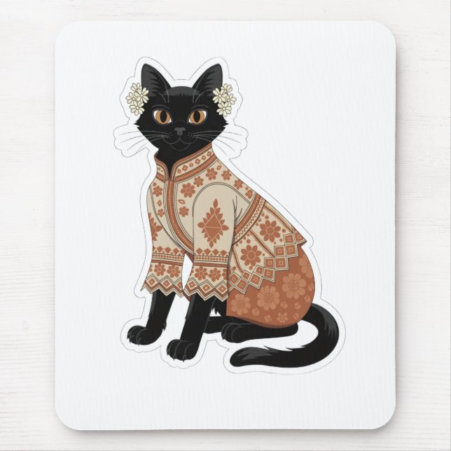 Terrakotta Blomster Svart Katt Grafisk Musmatta (Framsidan)