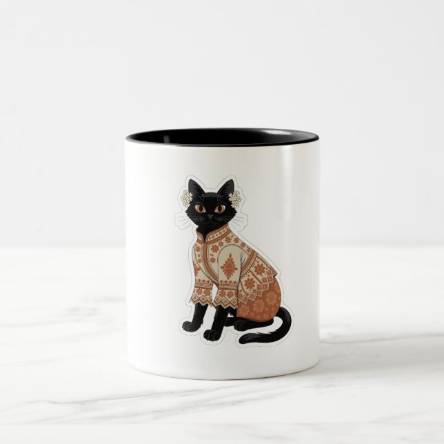 Terrakotta Blomster Svart Katt Kaffe Mugg (Center)