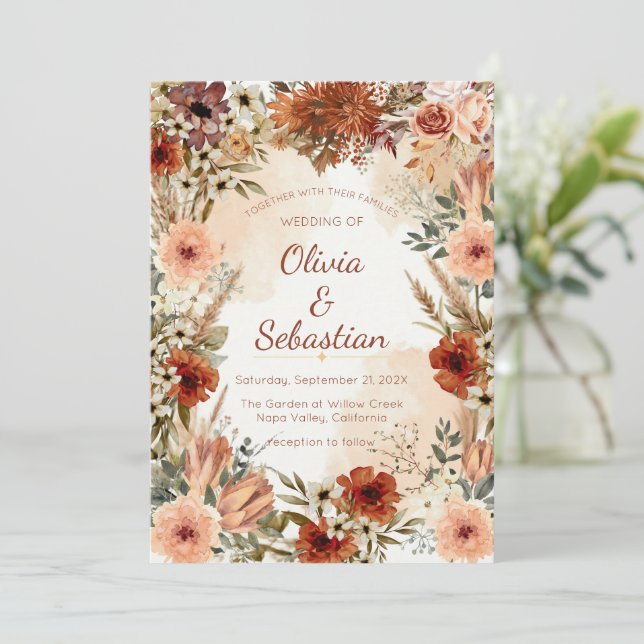 Terrakotta Boho Blommig Höst Rustik Elegant Inbjudningar (Stående Fram)