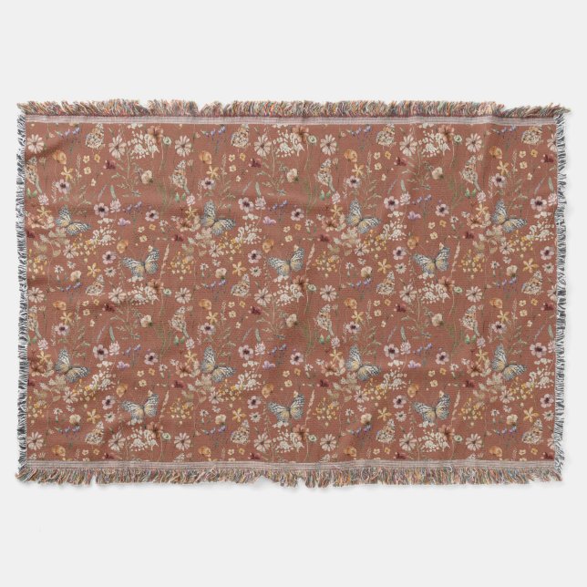 Terrakotta Boho Blommig Kastfilt Filt (Framsidan)