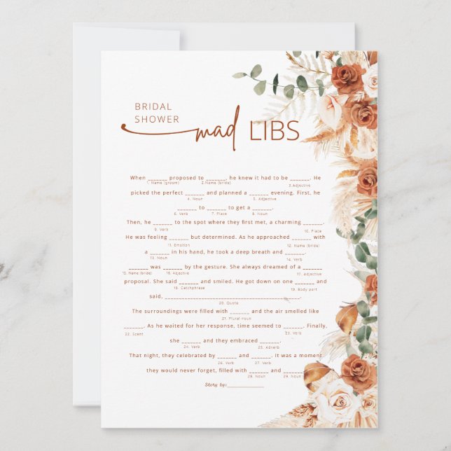 Terrakotta Boho Blommig Mad Lib Bröllopsduschspel  (Framsida)