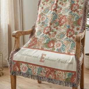 Terrakotta Boho Blommig Monogram Par Filt