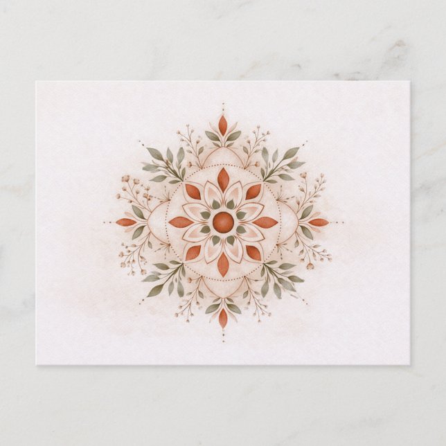 Terrakotta Boho Botanisk Mandala Akvarell  Vykort (Framsida)