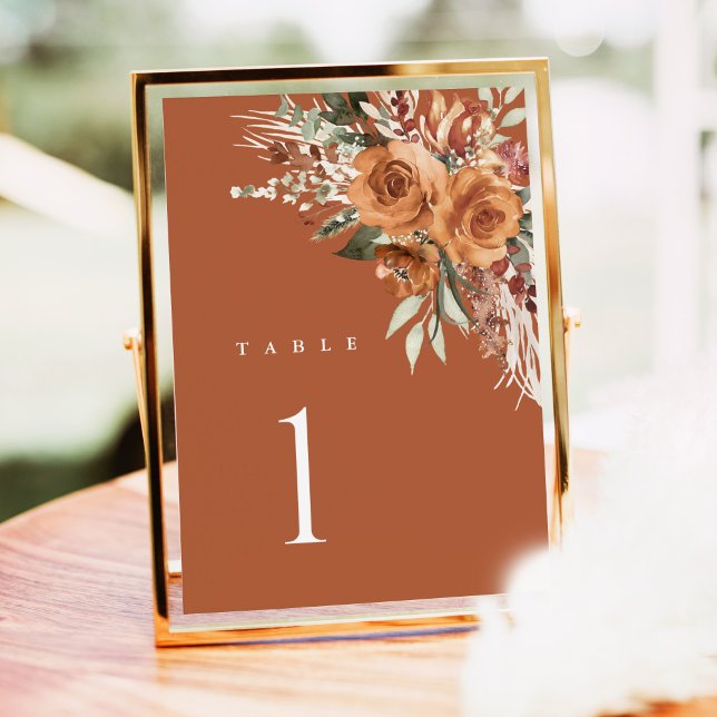 Terrakotta Boho Bröllops Bordskort, Rosa Blommor (Terracotta rose floral wedding table number card with watercolor, elegant boho table, framed indoor)