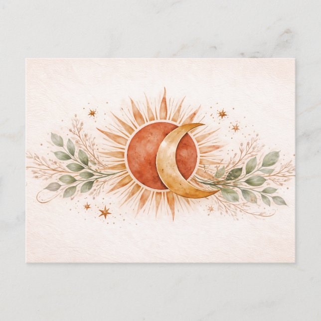 Terrakotta Boho Celestial Sol Måne Botanisk Vykort (Framsida)