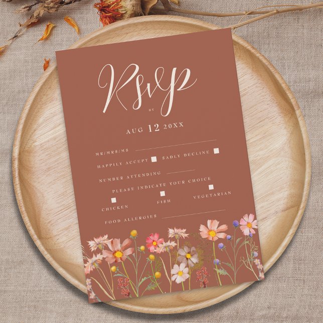 Terrakotta Boho Höst Blommig Måltidsalternativ Brö OSA Kort (Wildflower boho fall floral terracotta rust orange beige wedding RSVP card elegant whimsical script)