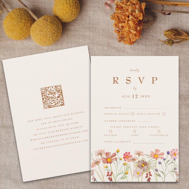 Terrakotta Boho Höst Blommig Måltidsalternativ OSA Kort (Boho fall wildflower wedding rsvp card terracotta brown burnt orange beige watercolor autumn florals)