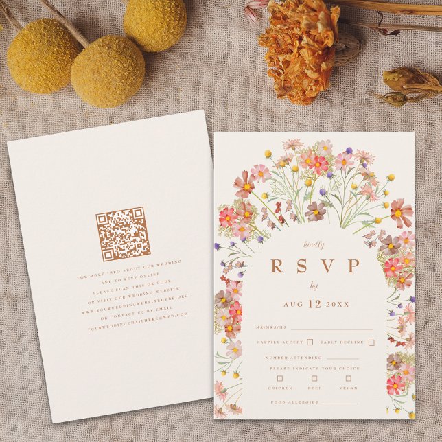 Terrakotta Boho Höst Blommig Måltidsalternativ OSA Kort (Boho fall wildflower floral arch terracotta burnt orange beige wedding RSVP card autumn watercolor )
