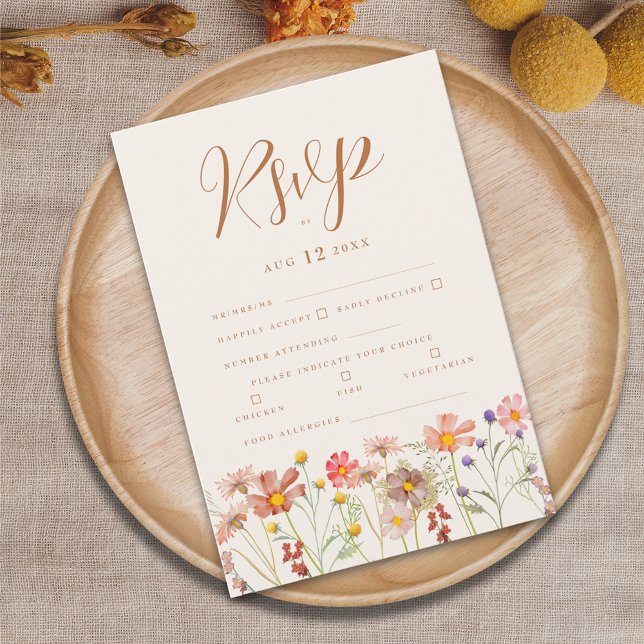 Terrakotta Boho Höst Blommig Måltidsalternativ OSA Kort (Boho wildflower fall wedding rsvp card terracotta burnt orange beige brown autumn watercolor florals)