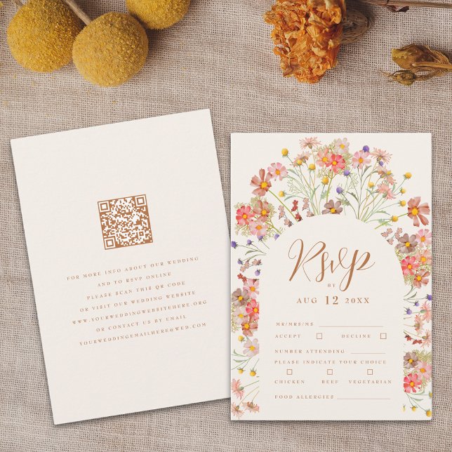 Terrakotta Boho Höst Blommig Måltidsalternativ OSA Kort (Boho fall Wildflower floral arch Wedding RSVP card terracotta burnt orange beige cream)