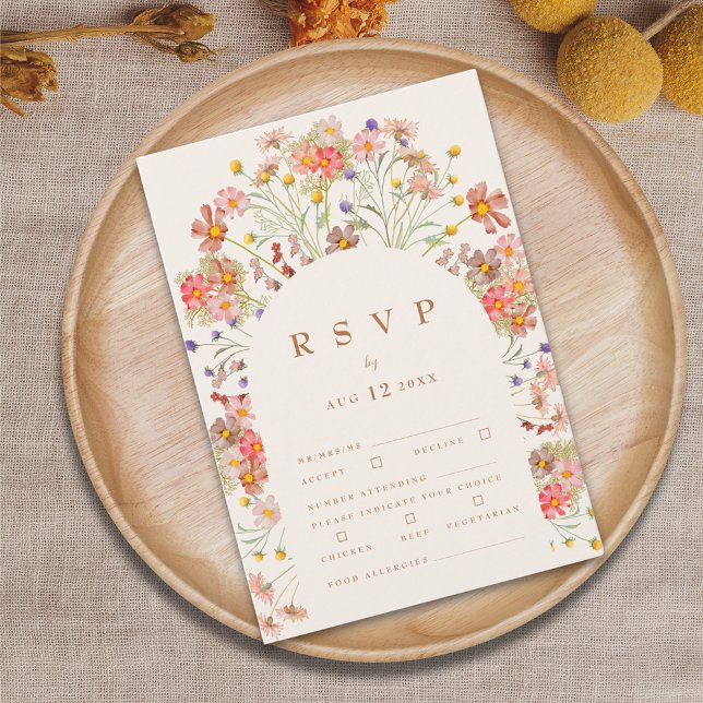 Terrakotta Boho Höst Blommig Måltidsalternativ OSA Kort (Boho fall Wildflower floral arch burnt orange terracotta beige Wedding RSVP card autumn watercolor )