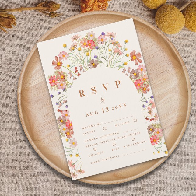 Terrakotta Boho Höst Blommig Måltidsservis OSA Kort (Boho fall wildflower floral arch wedding RSVP card terracotta burnt orange beige modern elegant)