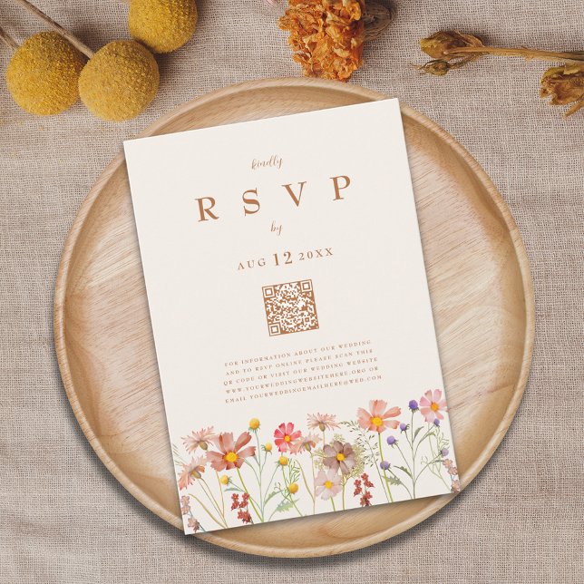 Terrakotta Boho Höst Blommiga Måltidsalternativ OSA Kort (Boho rustic Wildflower meadow fall Wedding details card watercolor autumn spring summer florals)