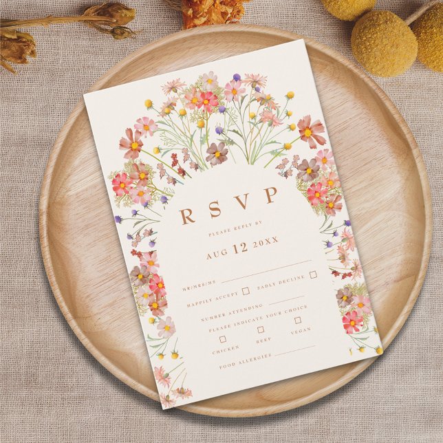 Terrakotta Boho Höst Blommiga Måltidsalternativ OSA Kort (Boho fall wildflower wedding RSVP card terracotta burnt orange beige brown modern elegant)