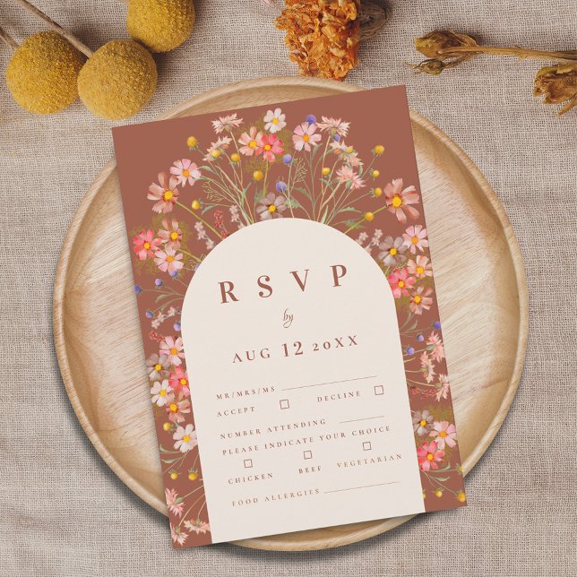 Terrakotta Boho Höst Rustik Blommig Måltidsalterna OSA Kort (Terracotta and beige boho fall rustic wildflower floral arch wedding meal options and food allergies)