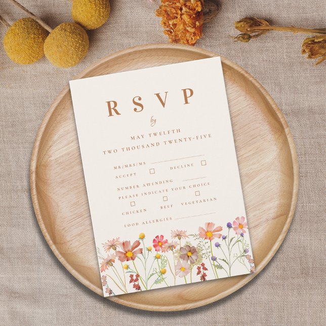 Terrakotta Boho Höst Vilda Blommor Måltidsalternat OSA Kort (Boho Wildflower fall Wedding rsvp card autumn watercolor florals burnt Orange terracotta beige coral)